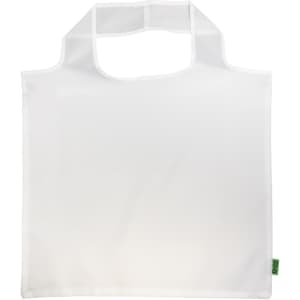 A reusable grocery bag made from recycled PET, featuring a simple white design and a handle for easy carrying.