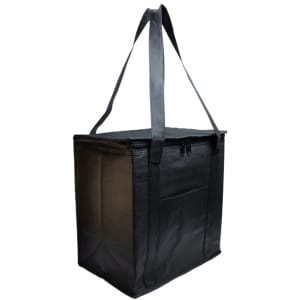 A black cooler bag with sturdy handles and a rectangular shape, designed for carrying and keeping items cold.