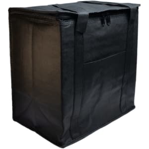 A black cooler bag with sturdy handles, featuring a zippered closure and a side pocket.