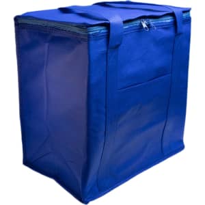 A blue cooler bag with a zippered top and sturdy handles, featuring a spacious design and a front pocket.
