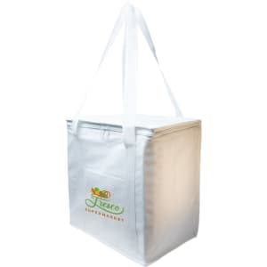 A white cooler bag with a zippered top, featuring sturdy handles and a logo that reads "Fresco SUPERMARKET."