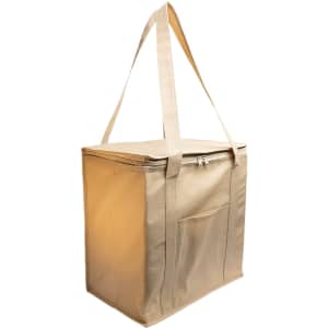 A tan cooler bag with a zippered top and two shoulder straps, featuring a front pocket and a logo.
