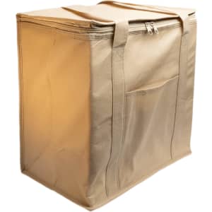 A tan cooler bag with a zip closure, featuring sturdy handles and a side pocket. It also has a logo.