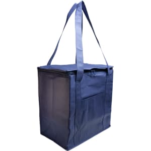 A navy cooler bag with a zip closure and sturdy carrying straps, designed for keeping items chilled.