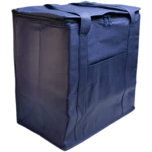 A navy cooler bag with dual handles and a zipper, featuring a front pocket and sturdy construction.