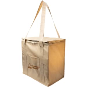 A tan cooler bag with a zip closure, featuring two straps and a logo. It has a clear side panel.