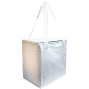 A cooler shopping bag in light gray with a zippered top and sturdy handles. It includes a pocket on one side.
