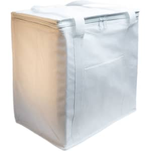 A white cooler bag with sturdy handles and a zippered top, featuring a side pocket and a clean design.