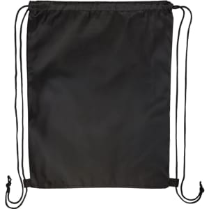 A black drawstring backpack with cinch closure and two adjustable cords for carrying.