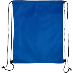 A bright blue drawstring backpack with black cords for closure and carrying.
