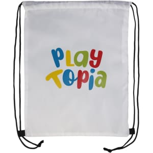 A drawstring backpack featuring the colorful text "Play Topia" prominently displayed on a white background.