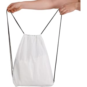 A white drawstring backpack being held by a hand, featuring a simple design and black drawstrings.