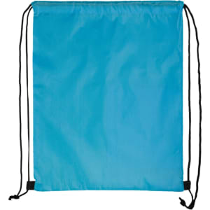 A bright blue drawstring backpack featuring black cords for closure and carrying.