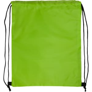 A bright green drawstring backpack with black straps.