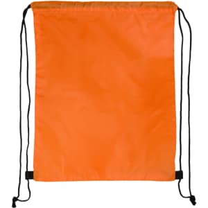 An orange drawstring backpack with black cords and a plain design, featuring a logo.