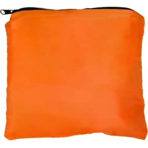 An orange drawstring backpack with a zippered closure.