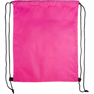 A bright pink drawstring backpack featuring black cords and a simple design. It has a brand logo.