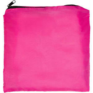 A pink drawstring backpack with a black zipper at the top. The bag features a solid color design and is lightweight.