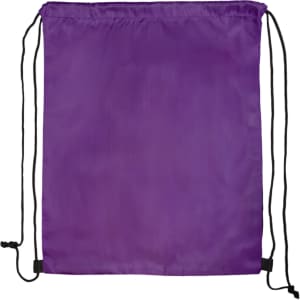 A purple drawstring backpack featuring two black drawcords and a simple design. It includes a logo.