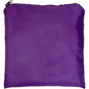 A purple drawstring backpack with a zippered closure and a simple design. It has a logo on one side.