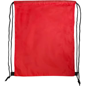 A red drawstring backpack with black cords, featuring a simple design without additional elements.