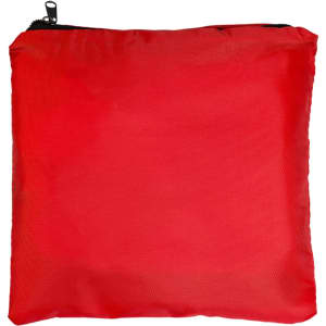 A red drawstring backpack is shown, featuring a simple design with a zippered top.