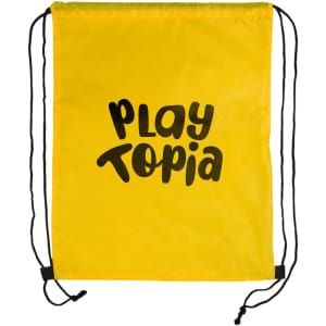 A yellow drawstring backpack featuring the text "PLAY TOPIA" in bold, black lettering.