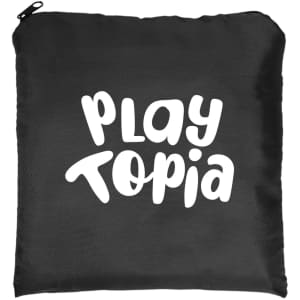 A black drawstring backpack features the text "PLAY TOPIA" in bold, playful white lettering.