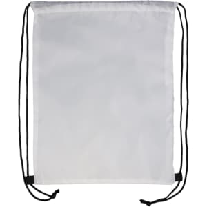 A drawstring backpack in a minimalist design, featuring a plain white fabric body with black drawstring cords.