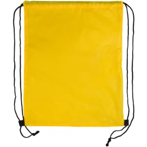 A yellow drawstring backpack with black cords for closure.