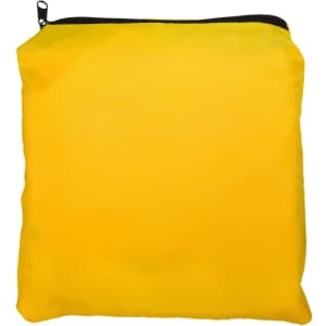 A yellow drawstring backpack with a black zipper and a simple design, featuring a logo.