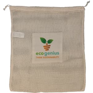 A reusable mesh produce bag in natural color, featuring a logo and a sustainability-themed design.