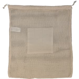 A beige mesh produce bag with a drawstring closure and a small pocket on the front. It features a branding logo.