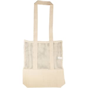 A beige tote bag with mesh panels and two long handles. It features a branding logo.