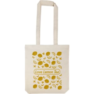 A tote bag featuring a playful lemon design and the text "Love Lemon Tea" in a vibrant yellow color scheme.