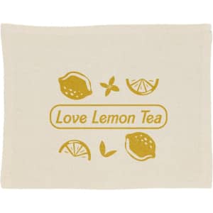 A beige tote bag with a graphic design featuring lemons and the text "Love Lemon Tea" in yellow.