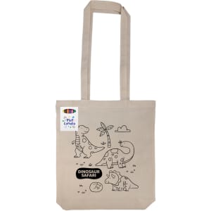 A beige reusable grocery bag featuring a dinosaur safari design and a hang tag.