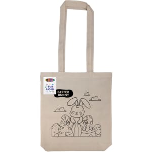 A beige reusable grocery bag featuring a colouring design of an Easter bunny and eggs, with a branding label.
