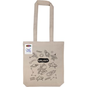 A beige reusable grocery bag featuring space-themed illustrations and a logo.
