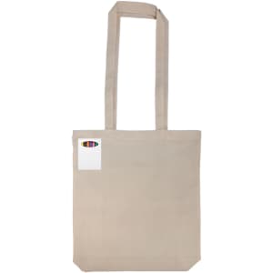 A beige reusable grocery bag with long handles and a logo on one side. Crayons are included in the product.