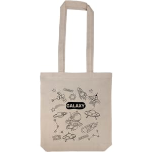 A beige reusable grocery bag featuring a galaxy-themed design with spaceships and stars, and a logo on it.