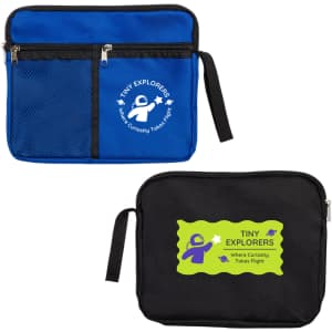 A blue and black utility pouch with a mesh pocket, featuring logos in contrasting colors on each side.