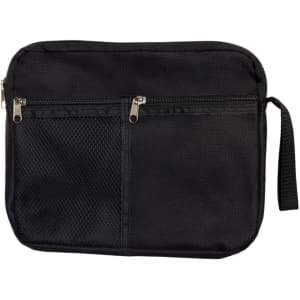 A black utility pouch featuring a zippered closure and mesh pocket on the front, with a handle for easy carrying.