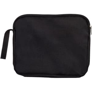A black utility pouch featuring a zippered closure and a side handle.