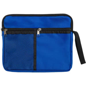 A blue utility pouch with a mesh front pocket, zip closures, and a handle. Features a branding logo.