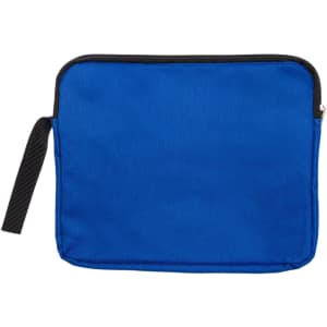 A blue utility pouch with a black zipper and handle, featuring a simple design. It includes a logo.