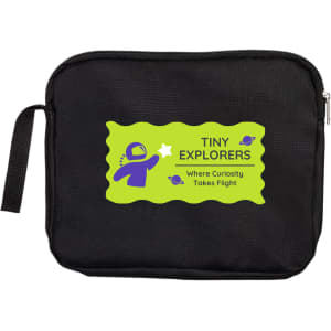 A black utility pouch featuring a colorful logo with green and purple accents, including a zipper and a handle.
