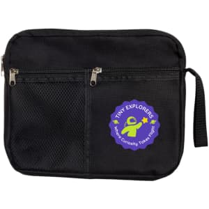 A black utility pouch featuring a logo for "Tiny Explorers" with mesh pockets and zippered compartments.