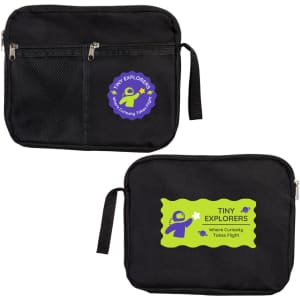 A black utility pouch featuring two pockets and logos in bright colors, one with a green and purple design.