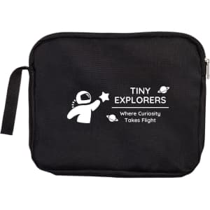 A black utility pouch with a white logo featuring an astronaut and text, designed for organized storage.